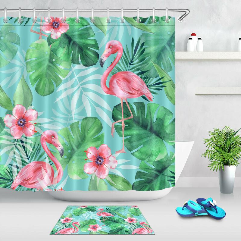 

Tropical Pattern Pink Flamingo Fabric Shower Curtain Custom Bathroom Set