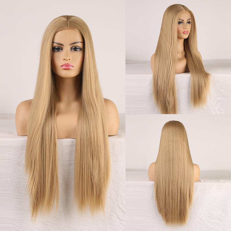 

AIMEYA Blonde None Lace Front Synthetic Wig Middle Part Long Silk Straight Wig for Women Machine Made Heat Resistant Fiber Hair