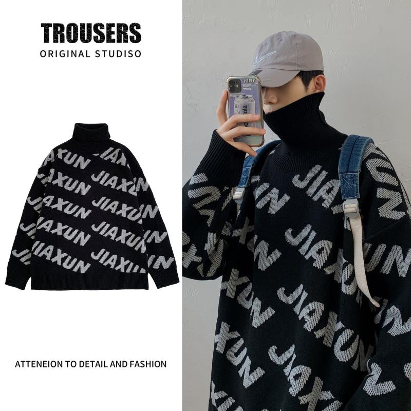 

Turtleneck Sweater Men's Autumn Winter Casual Printing Letters Simple Loose Warm Knit Pullover Trend Hip-hop Street Style Tops, Green
