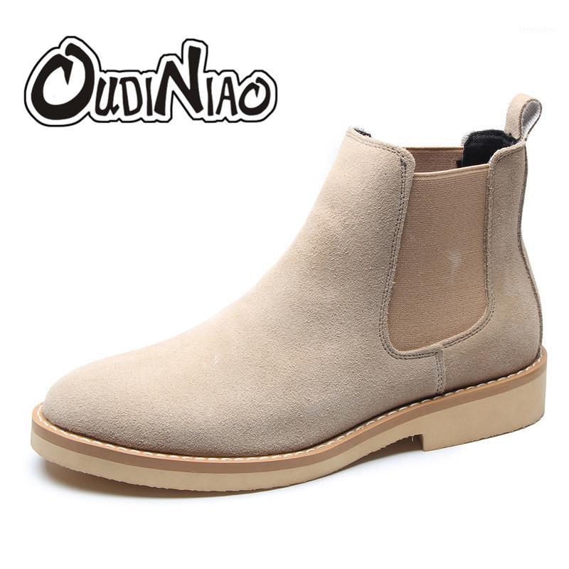 

OUDINIAO Spring Fashion Boots Men Slip On Cow Suede Cowboy Boots Mens Round Men Ankle1, Beige