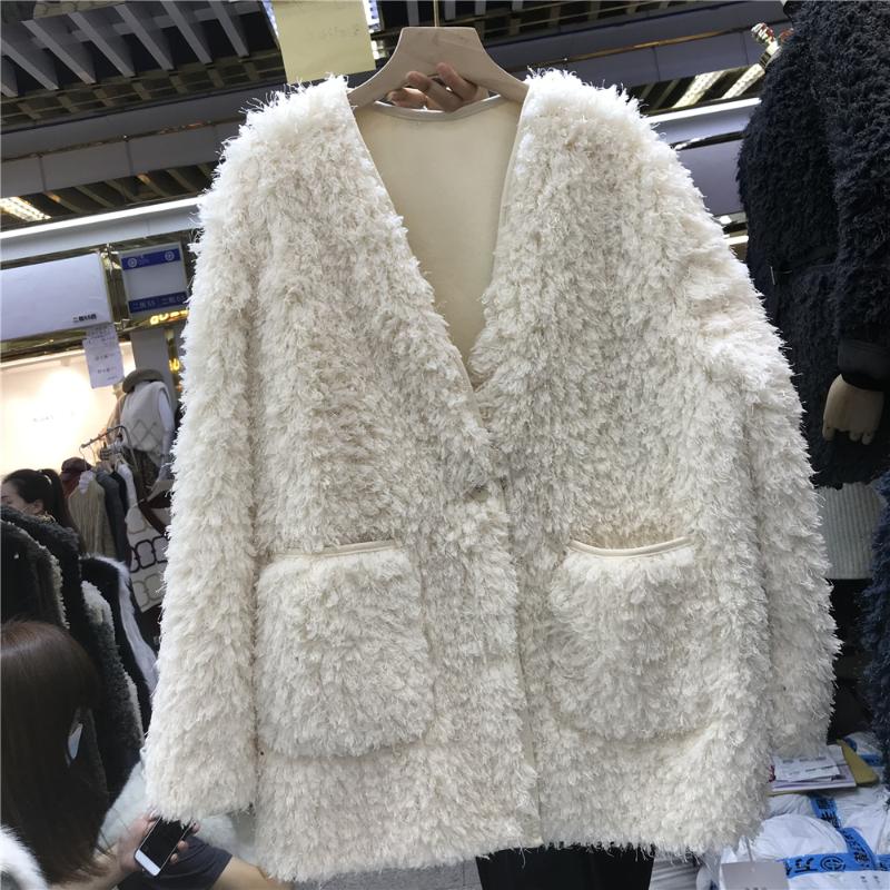 

Faux Fur V-neck Furry Cardigan Sweater Jacket for Woman Harajuku Kpop Korean Style Female Clothing Streetwear Vintage Loose, Black