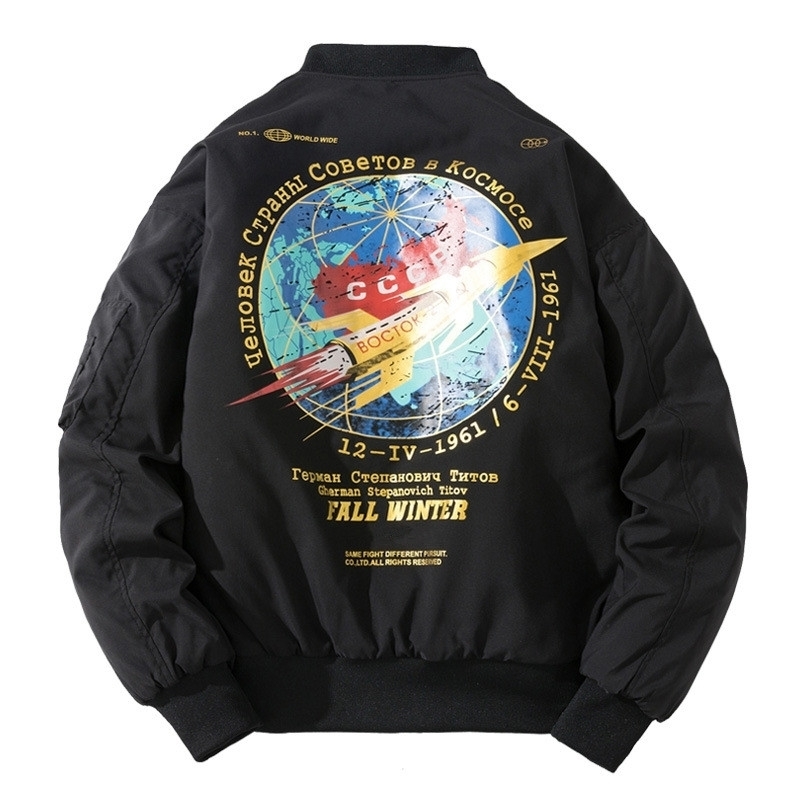 Winter Bomber Jacket Men Fashion Pilot Jacket Rocket Print Baseball Coat Casual Youth Streetwear Outerwear Mens Clothing 201114