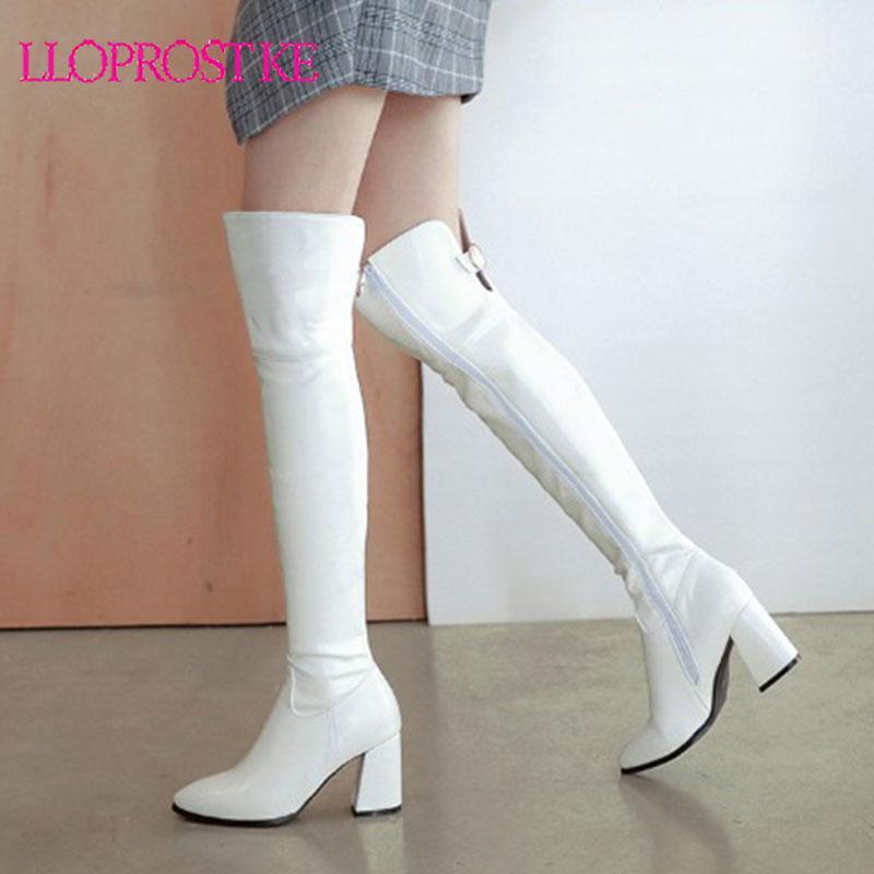 

Lloprost ke Zipper Botas Femininos Chunky High Heel Knight Boots Black White Thigh High Long Motorcycle Boots Pointed Toe Shoes1