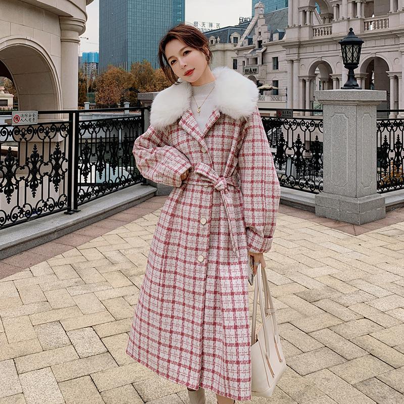 

Winter 2020 Women Fashion Fur Collar Pink Plaid Long Wool Coat Female Korean Elegant Plus Size Belted Blends Trench Overcoat