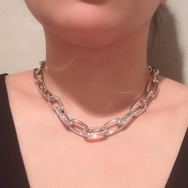 

Punk Miami Cuban Rhinestone Chain Necklace Collar Statement Hip Hop Big Choker Sliver Color Thick Chain Necklace Women Jewelry