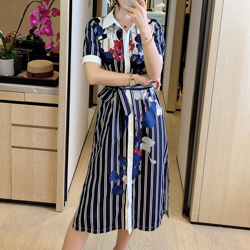 

Spring Designers/summer Bohemia Printing Single-breasted Sleeves Short Waistband Women's New High Quality Dress Shirt Quu4, Blue