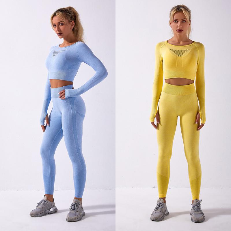 

Long Sleeve Pants Suit Yoga Set Seamless Fitness Exercise Women Gym Sportswear High Waist Round Collar Legging Cropped 2PCS Sexy, Trousers orange
