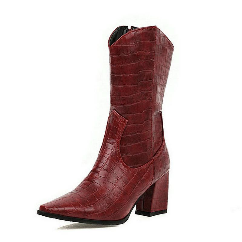 

PU Leather Women Western Boots Pointed Toe Chunky Heel Ladies Ankle Boots Zipper Ladies Motorcycle Black Green Brown White