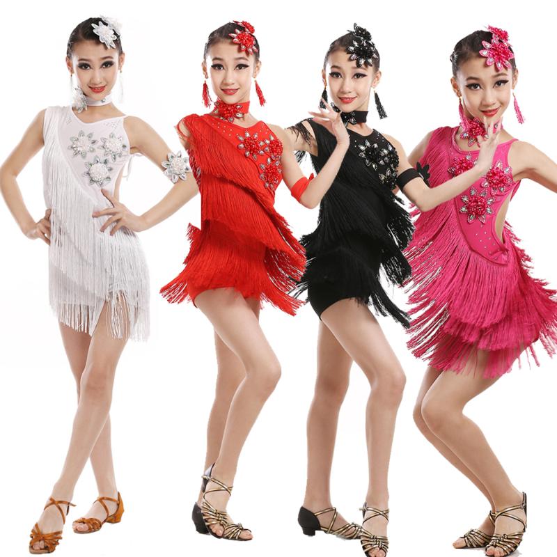 

Sequins Tassels Kids Competition Latin Costumes Dance Dresses Girls Gymnastics Party Dancing Dress Stage Outfits Wear Dancewear, Black