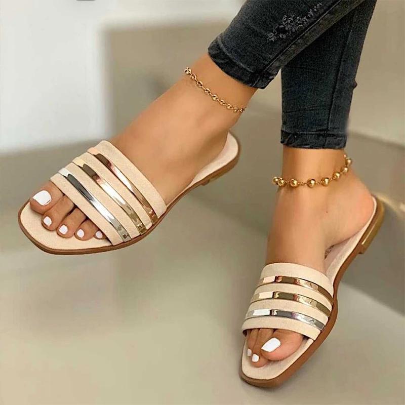 

Ladies Slippers Beach Shoes Women Slip On Bling Gold Flat Slides Outdoor Comfort Slipper Female Home Casual Sandals Plus Size, A-golden
