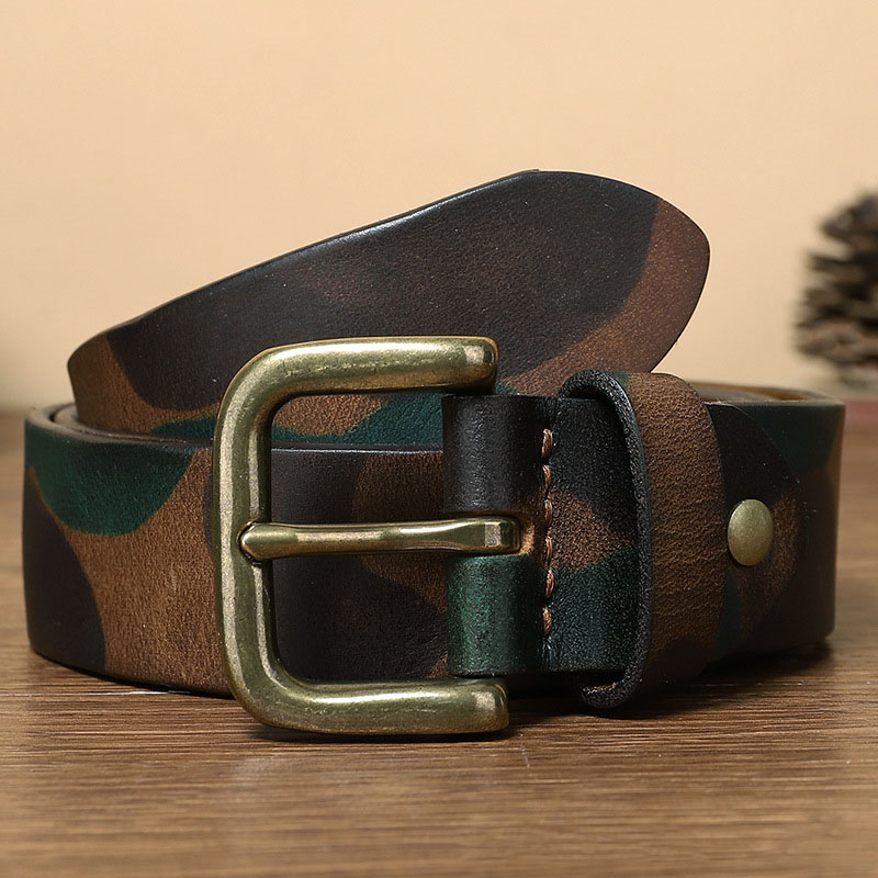 

Camouflage pure cowhide belt for men genuine leather vintage high quality belt with brass buckle, As picture
