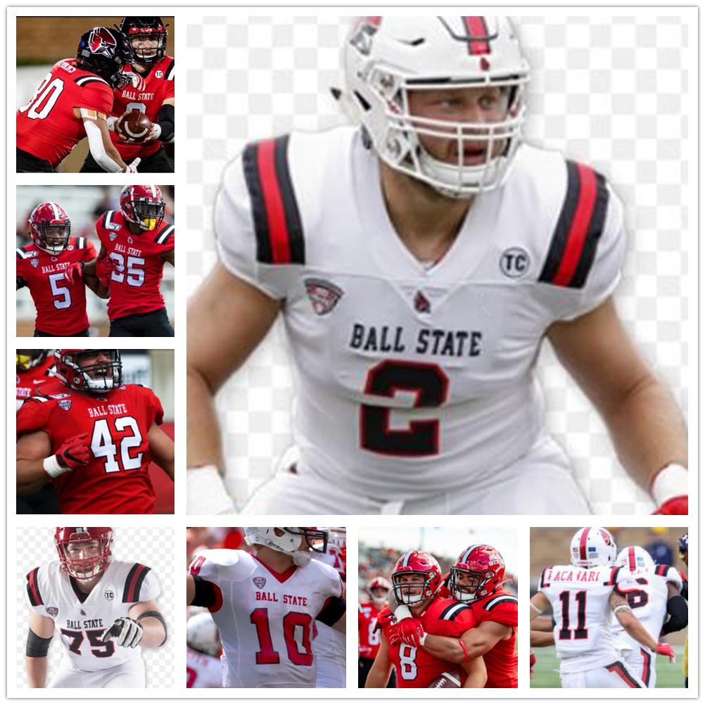 

Custom college Ball State 9 Drew Plitt 2 Caleb Huntley 86 Miller 1 Antwan Davis 15 Riley Neal 11 Justin Hall Football Jerseys, Red with 150th patch