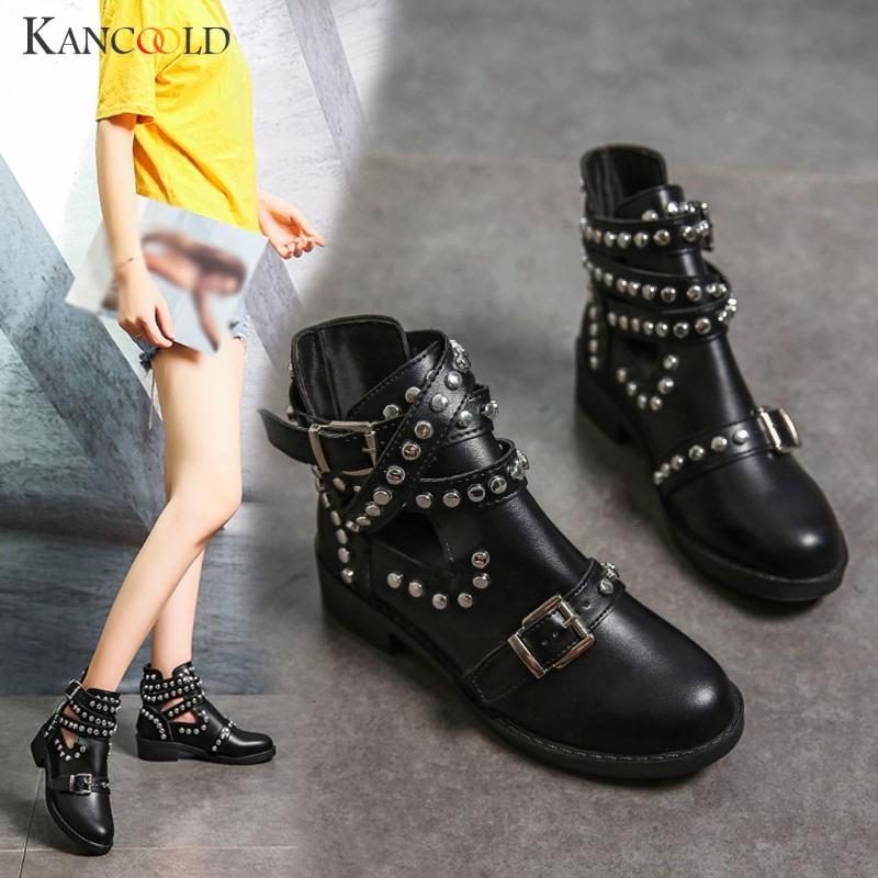 

KANCOOLD European and American round head fashion metal rivet belt buckle boots large size women's boots, Black