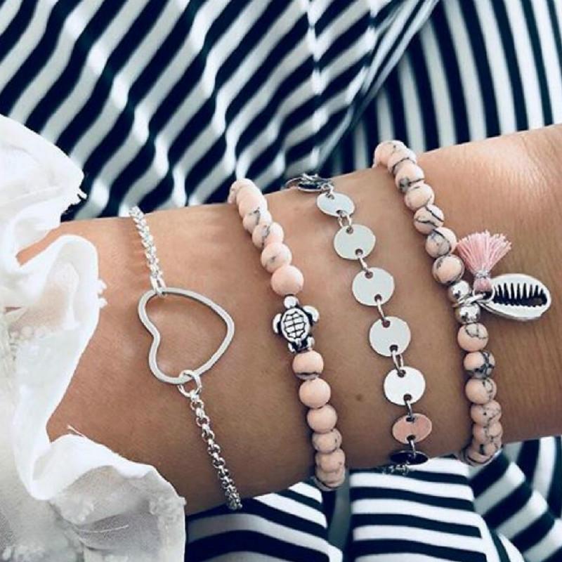 

2021 New Heart-heart Sequin Shell Tassel Bracelet Tortoise Pine Stone Four-piece Bracelet For Women