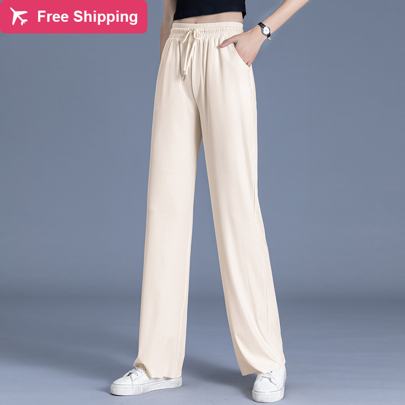 

Streetwear summer 2020 striped women' loose high waist wide leg capris for woman longer pants, Apricot