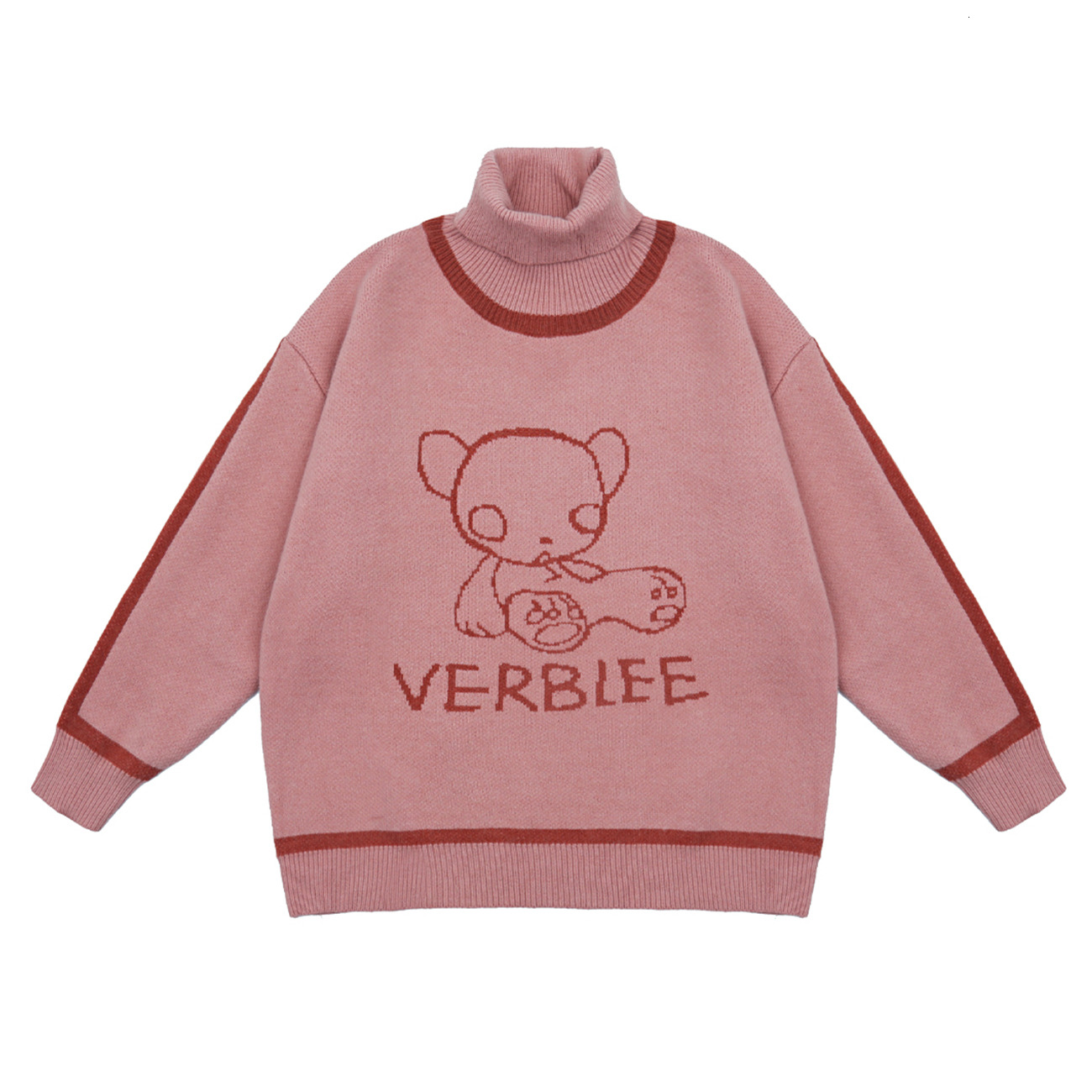 

2021 New Turtleneck Knitted Women Hip Hop Streetwear Patchwork Bear Printed Pullover Sweater Oversize Men Tops Clothing 56nz, Blue