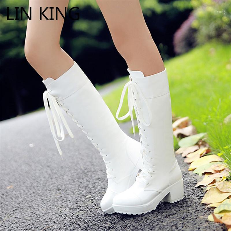 

LIN KING Big Size 48 Warm Plush Women Lace Up Long Boots Solid Winter Knee Hign Boots Slim Square Heel Lady Platform1, Single style whtie