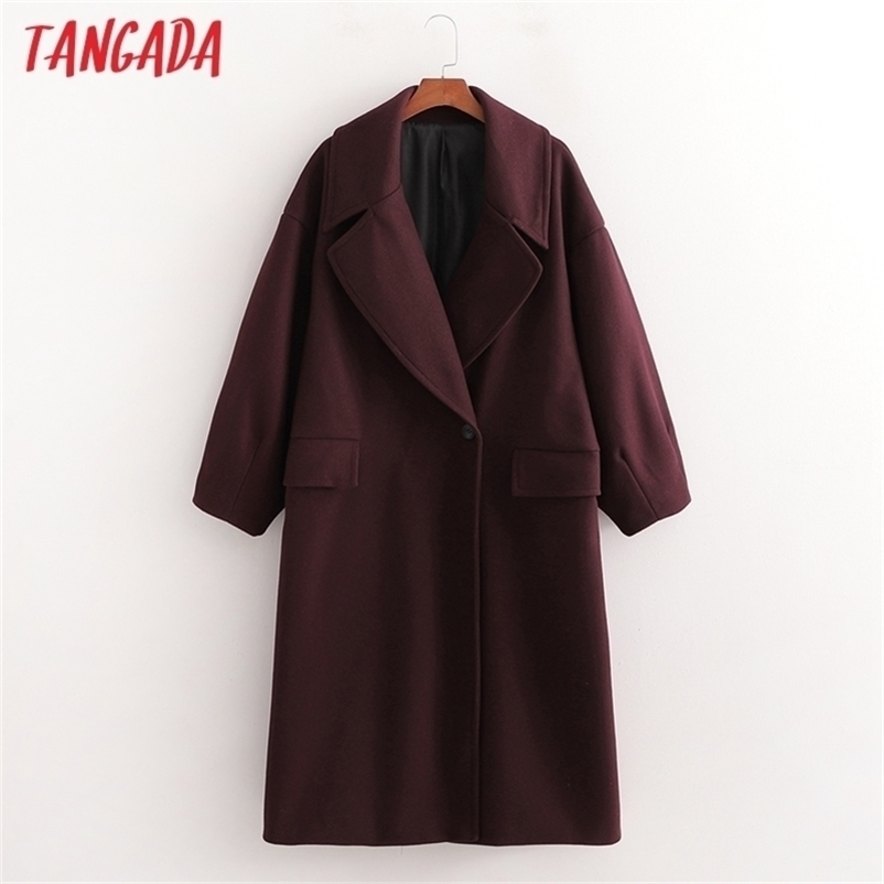 Tangada Women Winter Wine Red Thick Warm Woolen Coat Pockets Office Lady Outerwear Chic Long Overcoat 1D65 201218Z