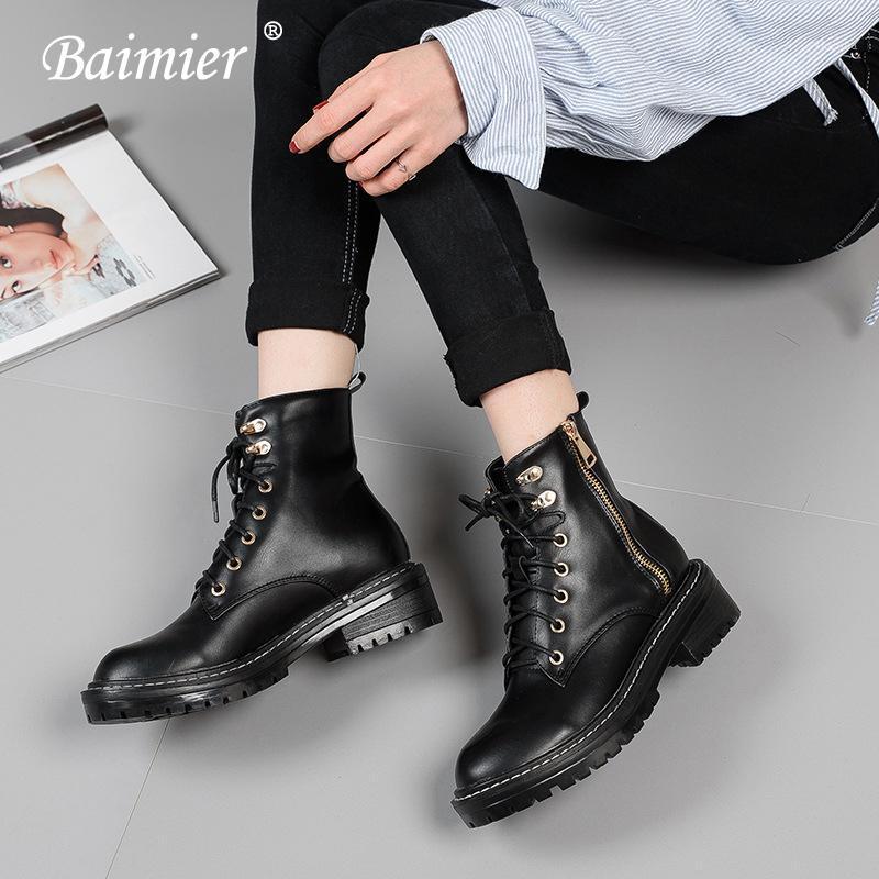 

Baimier Winter Genuine Leather Women Boots Med Heel Lace Up Ankle Boots For Women Round Toe Platform With Warm Plush1, Black boots
