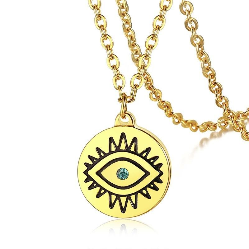 

Women Stainless Steel Evil Eye Disc Round Pendant Necklace in Golden