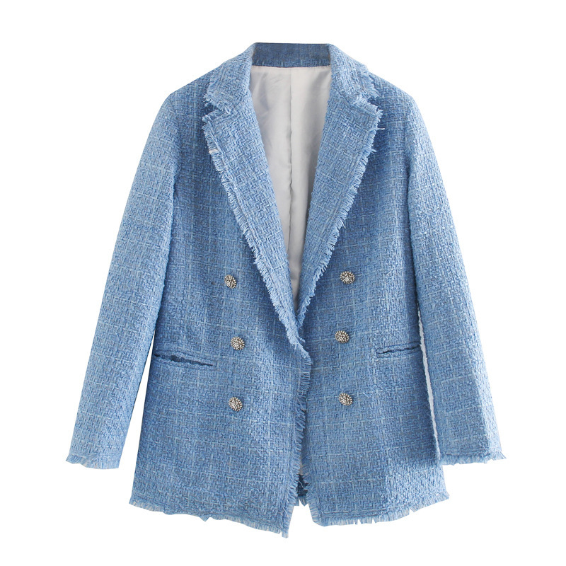 

2021 New Autumn Turn Down Collar Plaid Woolen Blazer Outwear Ladies Coat Feminino Tops for Women Iye9, Blue