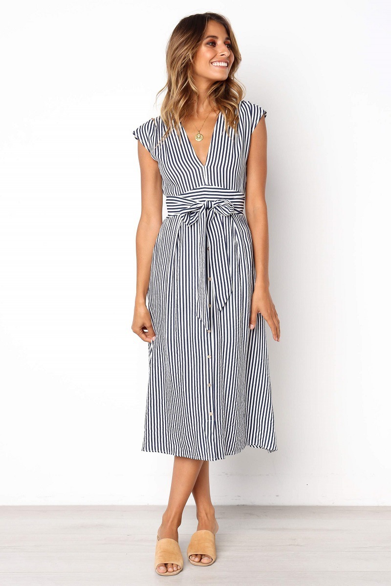 

2021 New Summer Vintage Stripe Sleeveless Sun Women V-neck Belt Robe Femme Casual Duyo, Blue