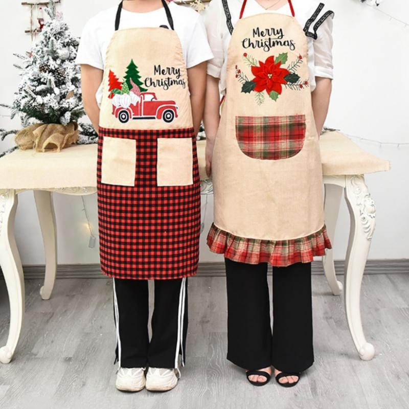 

2020 Christmas Apron Black and Red Plaid Neck Hanging Aprons with Pockets Dinner Party Decor Gift For Kitchen Cooking Supplies