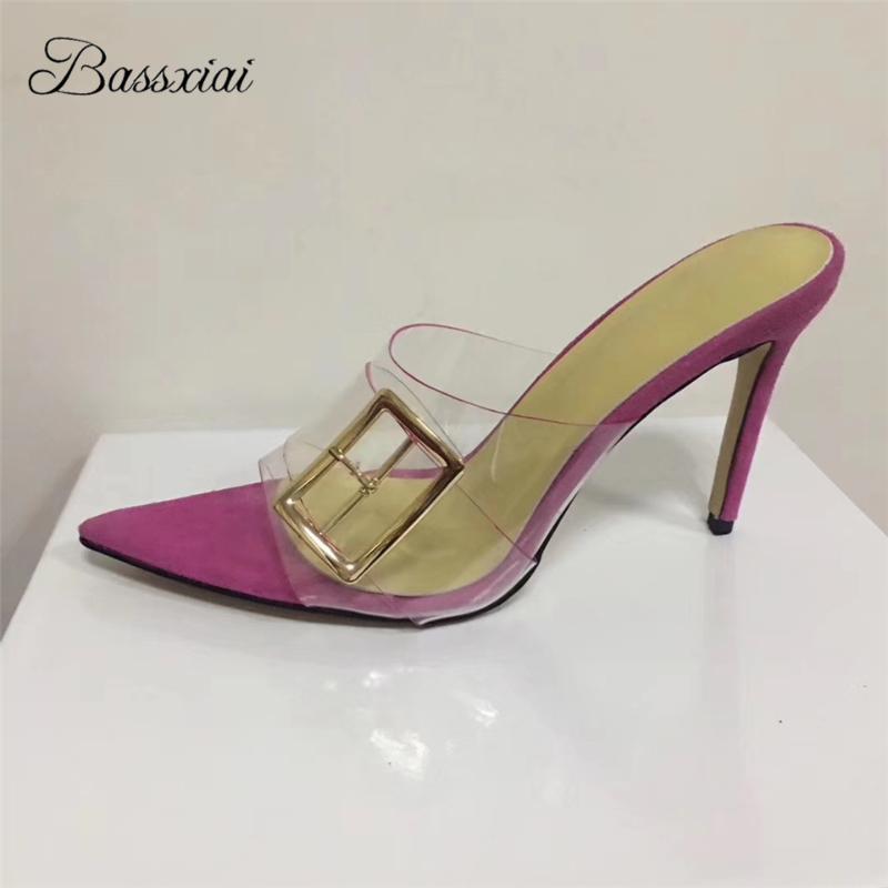 

PVC Transparent Lazyman Mules Lady Summer Point Open Toe Metal Buckle Decor 10cm Thin High Heel Slingbacks Sandals Women, Green