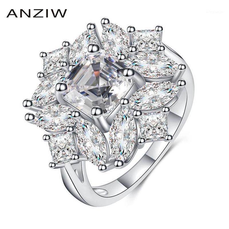 

Cluster Rings ANZIW Sterling Silver Asscher Cut White Created SONA Diamond Classic Engagement Ring For Women Jewelry Gifts Adjustable, Golden;silver