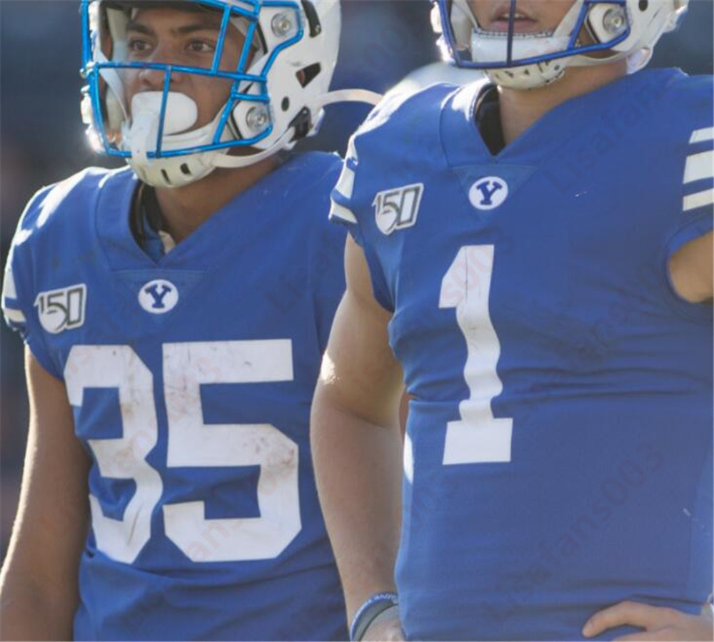 

BYU Brigham Young Cougars 25 Tyler Allgeier 53 Isaiah Kaufusi 18 Gunner Romney Football stitched Jersey 93 Bracken El-Bakri 16 Sione Takitak, White with 150th patch