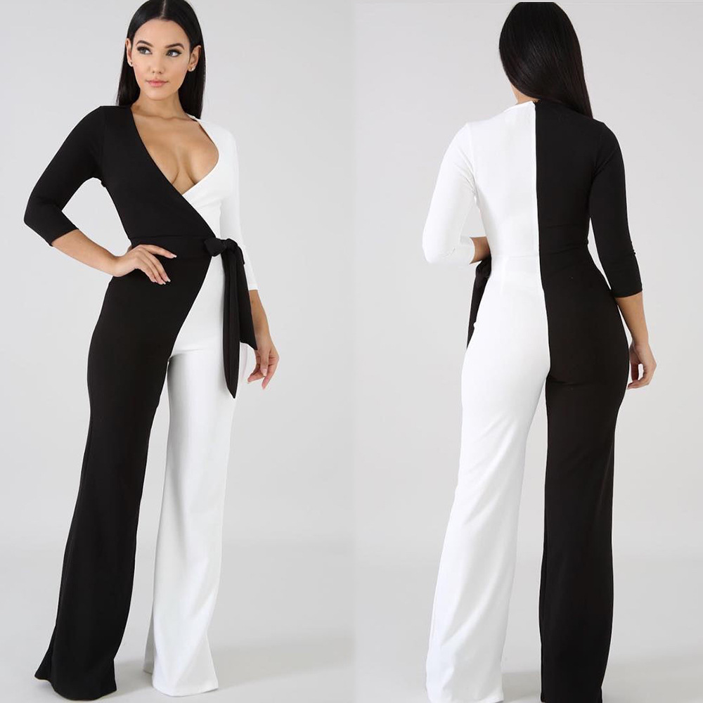 S3456 Cross-Border Black and White Contrast Color Trousers Hot Sale in Europe and America Sexy Long Sleeve Wide Leg Jumpsuit-image-625992978