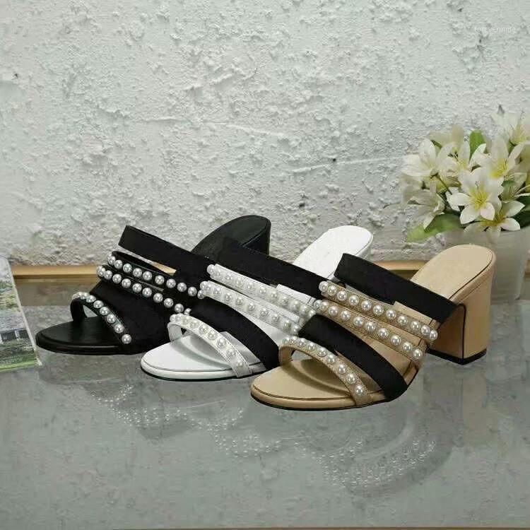 

2020 summer slippers genuine leather pearl sandals woman with high heels1, Black