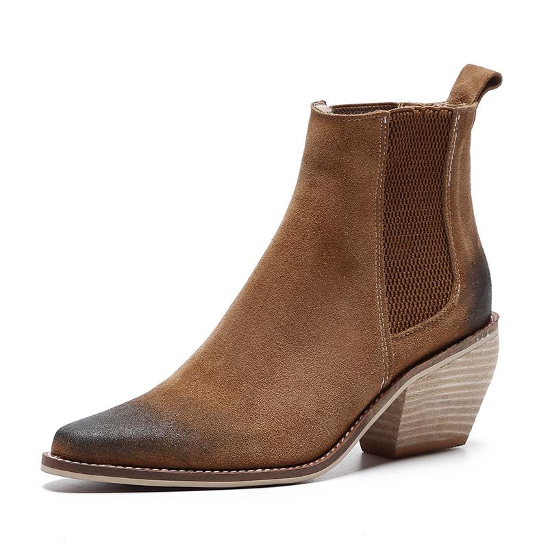 

2020 Winter New Sexy Pointed Toe Cow Suede Women Boots Strange Kitten Heel Ankle Boots for Women Leather Shoes, Khaki
