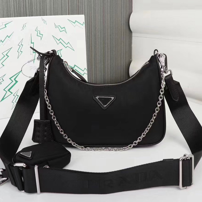 

Nylon Bag Women Messenger Purse Crossbody Bags Plain Black Zipper Removable Embroidered Wide Shoulder Strap Wallet Hardware 5A Quality
