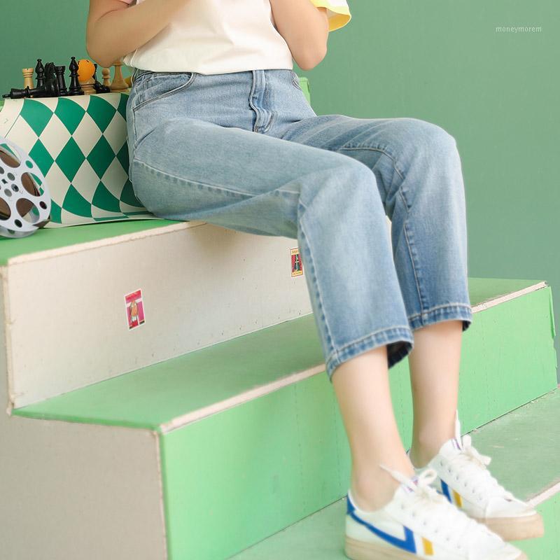

High-waisted straight leg nine-point jeans for summer women1, Blue