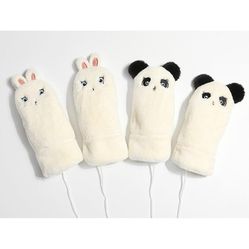 

Women Winter Fuzzy Fluffy Plush Full Finger Gloves with String Cartoon Panda Embroidery Thermal Warm Mittens