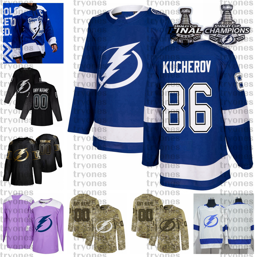 

2021 Reverse Retro Customize 86 Nikita Kucherov Tampa Bay Lightning Champions Hockey Jersey Golden Edition Camo Veterans Day Fights Cancer, Purple
