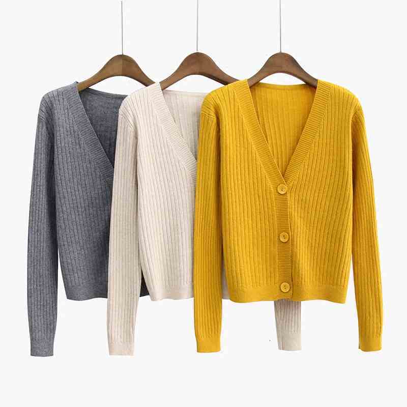 

2021 New Cotton Knitted Short Women Sweater Autumn Winter Clothes Jumper Pull Femme Hiver Casual Streetwear V-neck Cardigan Wn78, White