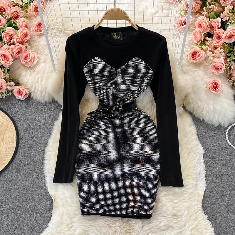 

Sexy Shinny Rhinestone Decoration Bodycon Mini Dress Women Fashion O-neck Long Sleeve Slim Belted Club Party Dress Autumn 2022, Same as picture