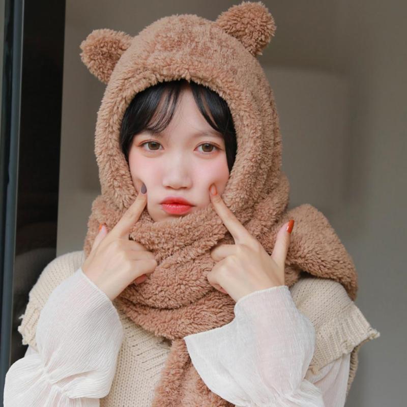 

Winter Fashion Solid Color Cute Bear Ear Design Warm Plush Hat Cap Scarf Set, White