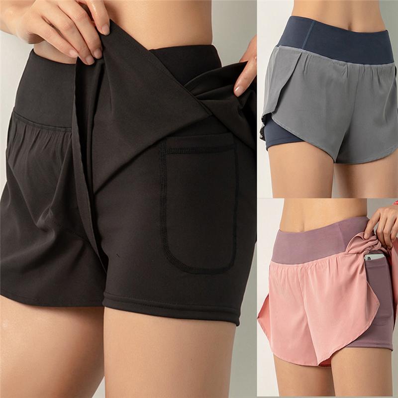 

2021 Women Gym Double Shorts Side Pocket Running Shorts Breathable Quick Dry Yoga Women Workout Fitness Sportwear, Black