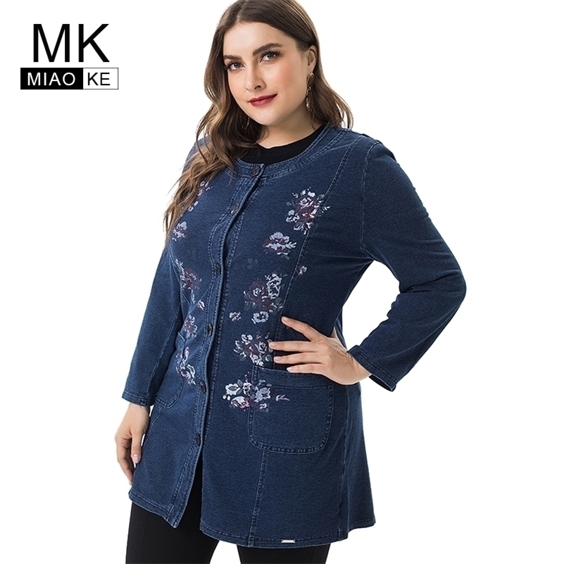 

Miaoke Ladies large Size Print denim jacket women High Quality Clothing Fashion vintage elegant plus size jean bomber jacket 201112, Blue
