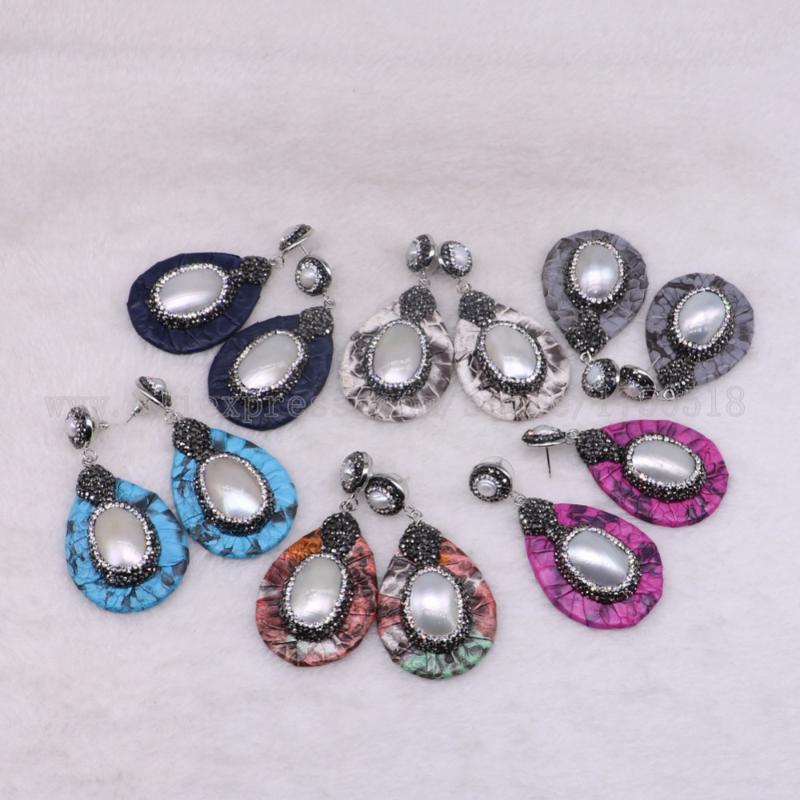 

5 Pairs snakeskin earrings with natural shell druzy earrings drop jewelry gift for her wholesale jewelry 3361