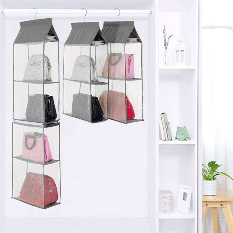 

4-Tiers Non-woven Leather Bag Dust-proof Bag Detachable Closet Bags Organizer Handbags Hanging Shelf Storage Holder--Grey