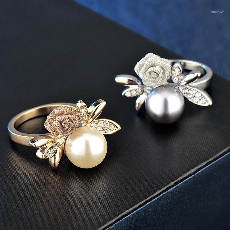 

Lovely Exquisite Korean Fashion Zircon Pearl Rose Gold Ring Rose Flower Gem Ring, 925 Silver and Gold Ring Plated Jewelry1
