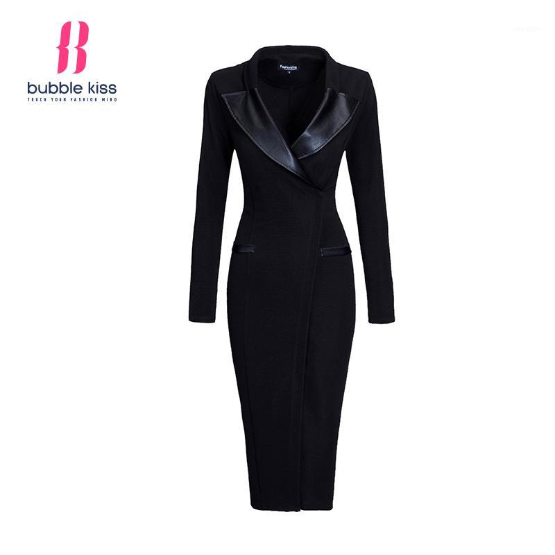 

Party Dresses Wholesale- Solid Pencil Dress Long Sleeve Office Autumn Winter Black Bodycon Women Midi V Neck Leather Patchwork Work Dress1