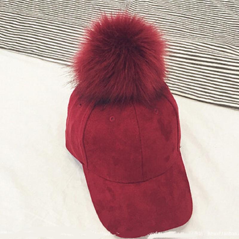 

Faux Fur PomPom Baseball Hat For Women Winter Suede Snapback Caps Female Thicken Gorros1, Beige