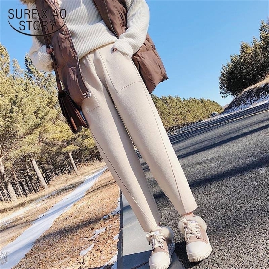 

fashion winter high waist women' Harem Pants woolen women plus size casual solid warm female long women Trousers 1787 50 201118, Red