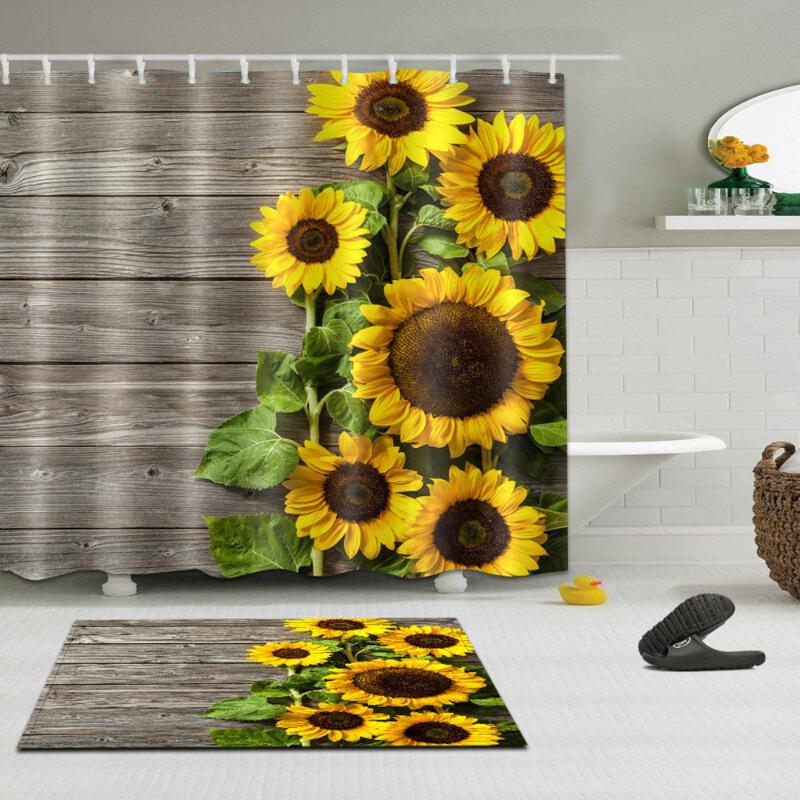 

Sunflowers Shower Curtain Sets Rustic Wood Board Vintage Barn Waterproof Fabric Polyester Bath Curtain for Bathroom Decor