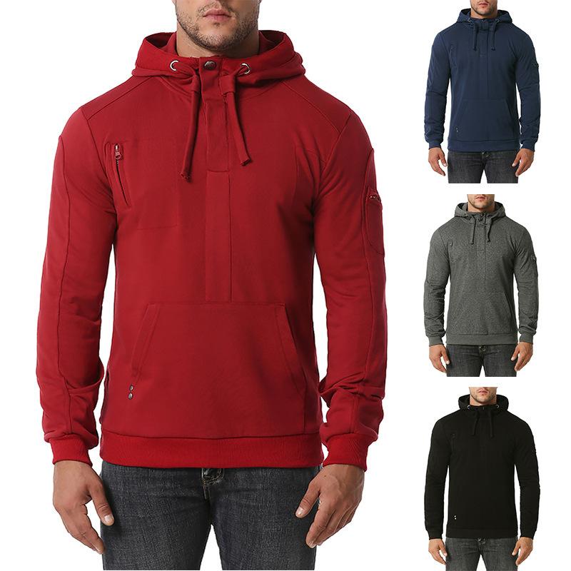 

Autumn Men' Hoodies Cotton Solid Stretchy Big Pocket Breathable Sport Fitness Casual Fashion Male Loose Pullover, Black